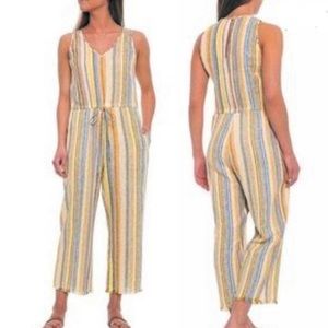 Anthropologie DREW Women Linen Blend Striped Jumpsuit Size Medium Lemon Raw Hem